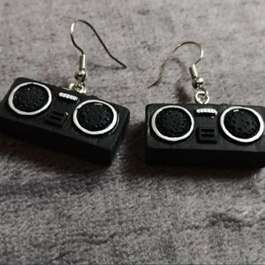 3D Boombox Earrings 90s Dangle Radio Tape Player Drop Hooks Retro Music